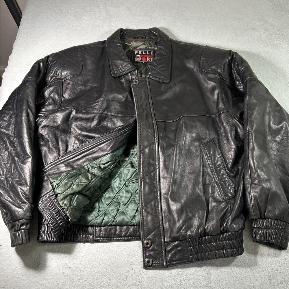 Y2K 2000s Pelle Sport Bomber Leather Jacket Mens Large Quilted Satin Lined Biker